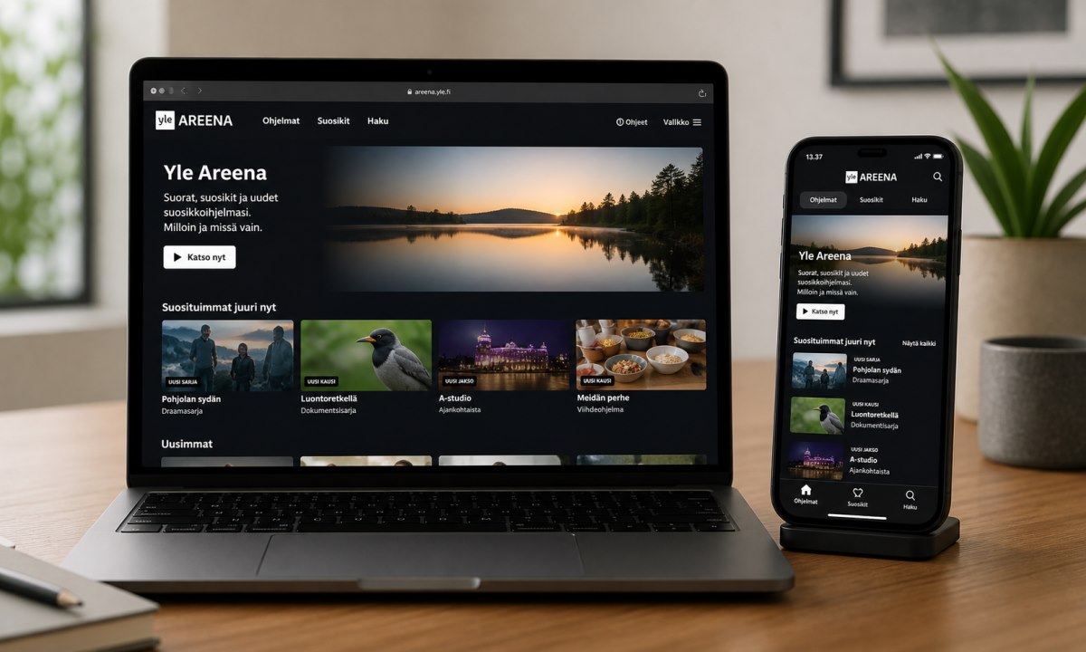 Yle Areena etusivu selaimessa ja mobiilisovelluksessa