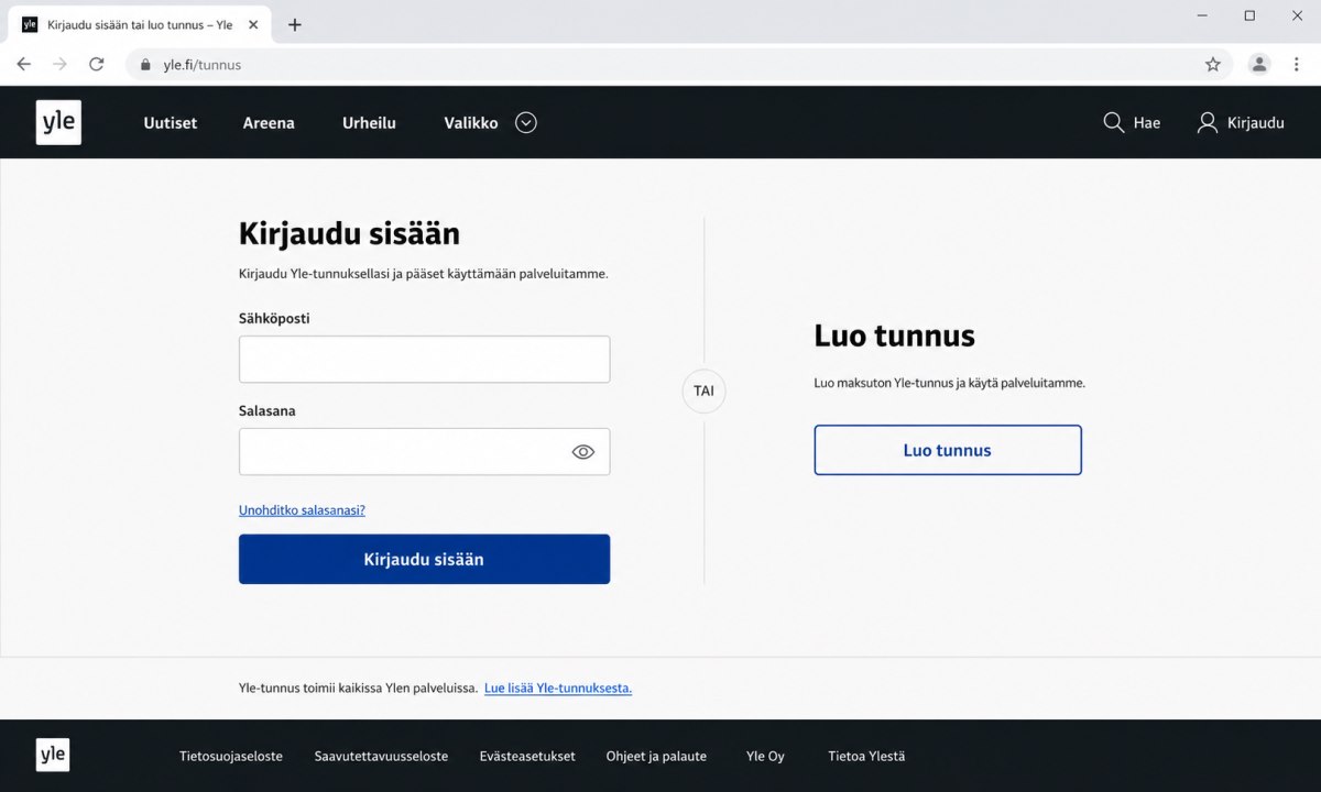 Yle Tunnuksen luominen Yle Areena -palveluun kirjautumiseen