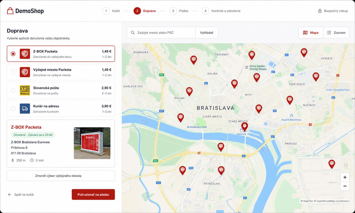 Výber Packeta Boxu na mape pri objednávke v e-shope