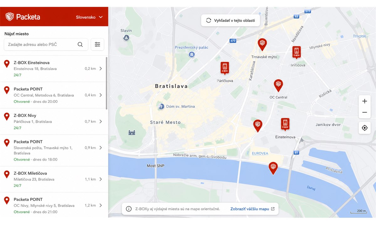 Mapa výdajných miest a Z-BOXov Packeta na Slovensku