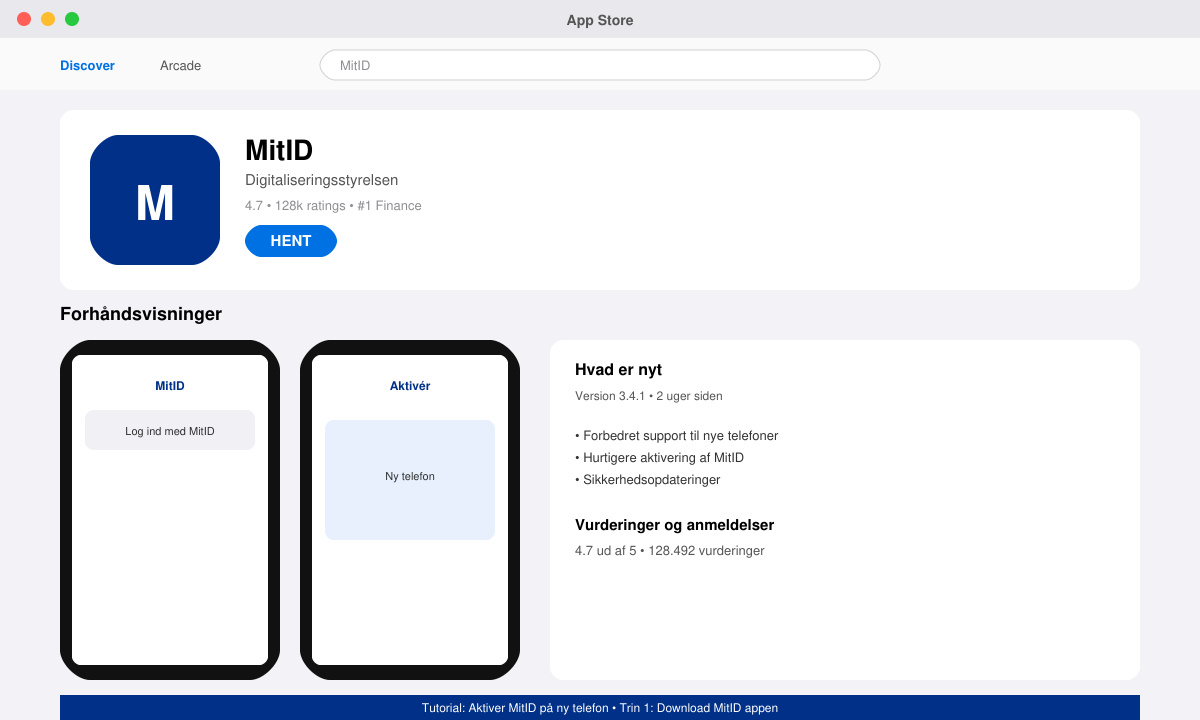 Skærmbillede af download-side for MitID appen i App Store