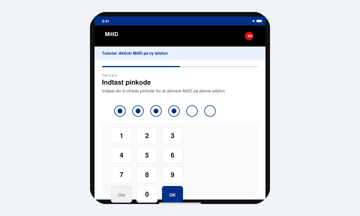 Skærm med pinkode-indtastning i MitID appen på ny telefon