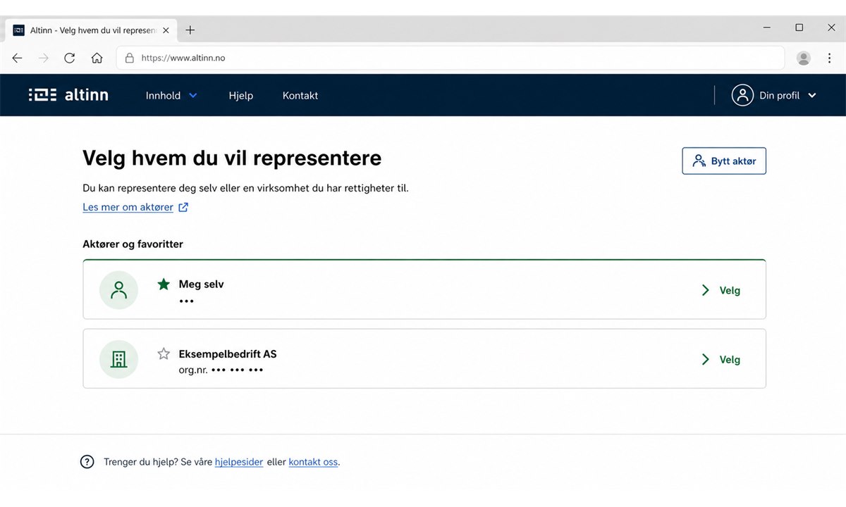 Velg aktør etter innlogging på Altinn