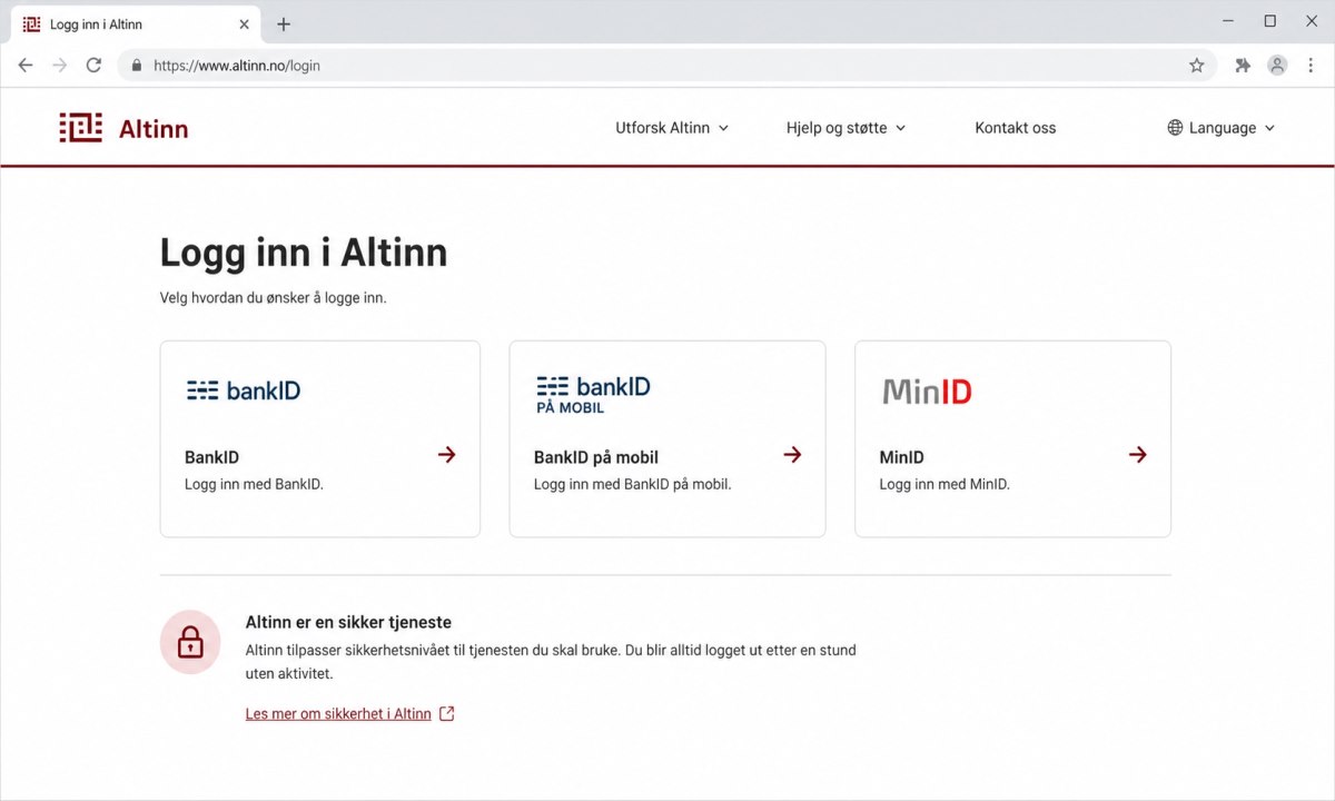 Innloggingsskjerm på Altinn med BankID-valg