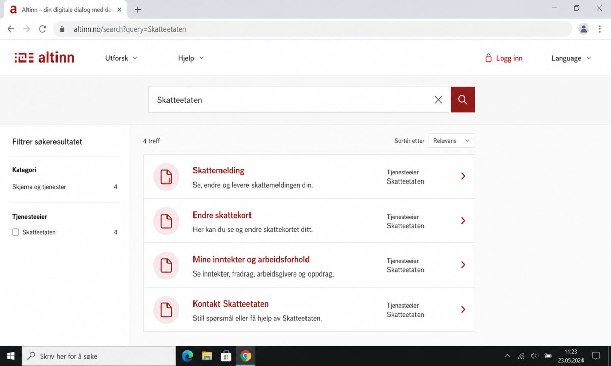 Skatteetatens tjenester i Altinn søkeresultat