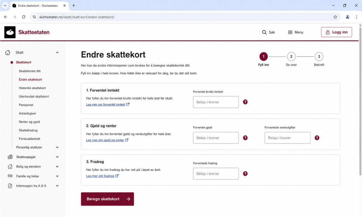 Skjema for endring av skattekort i Altinn