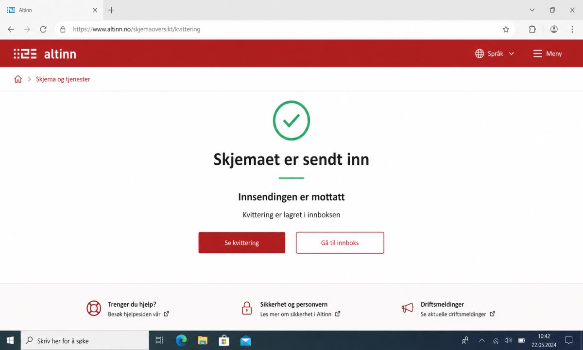 Bekreftelse på innsendt skjema i Altinn