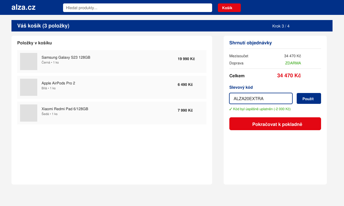 Close-up of Alza.cz checkout page showing the discount code input field and apply button