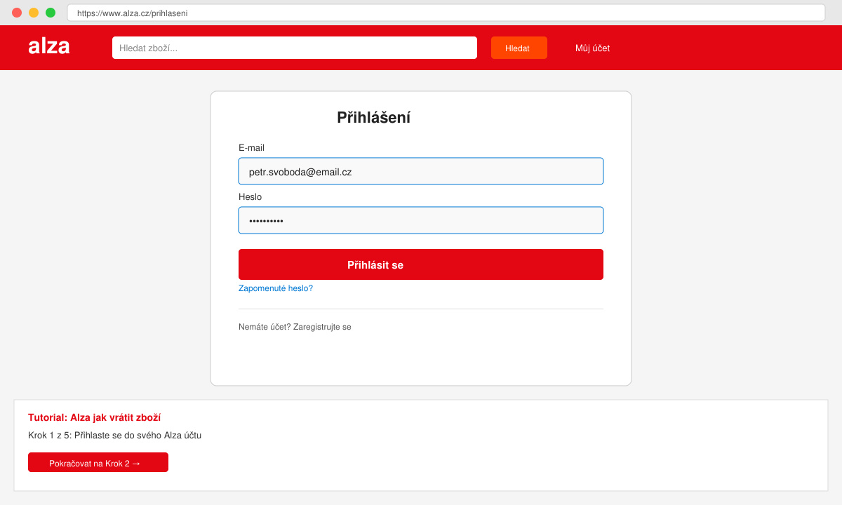 Přihlášení do účtu Alza pro vrácení zboží