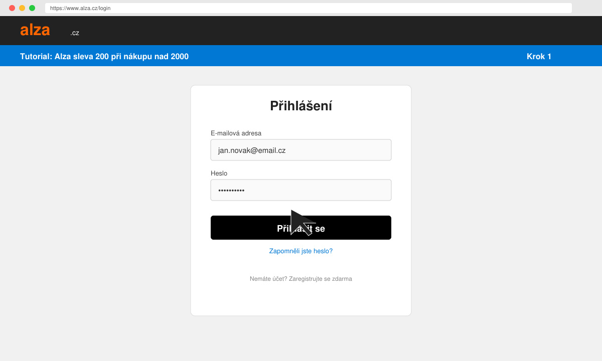 Screenshot of Alza login screen with cursor on the login button