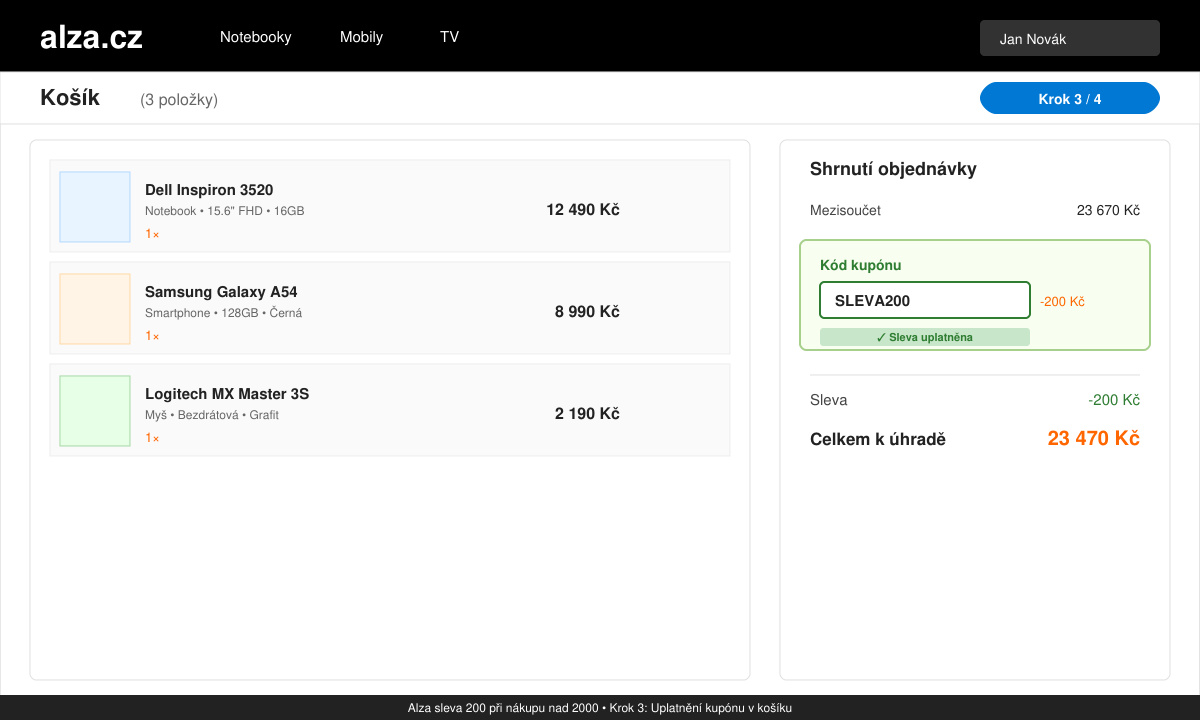 Close-up of Alza shopping cart showing the coupon code field with discount applied