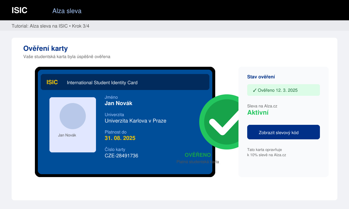 Screenshot of the ISIC app verification screen with a green checkmark on a valid student card