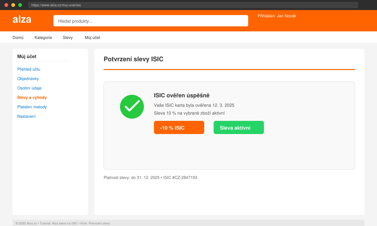 Alza account page showing the ISIC verification confirmation with a discount badge
