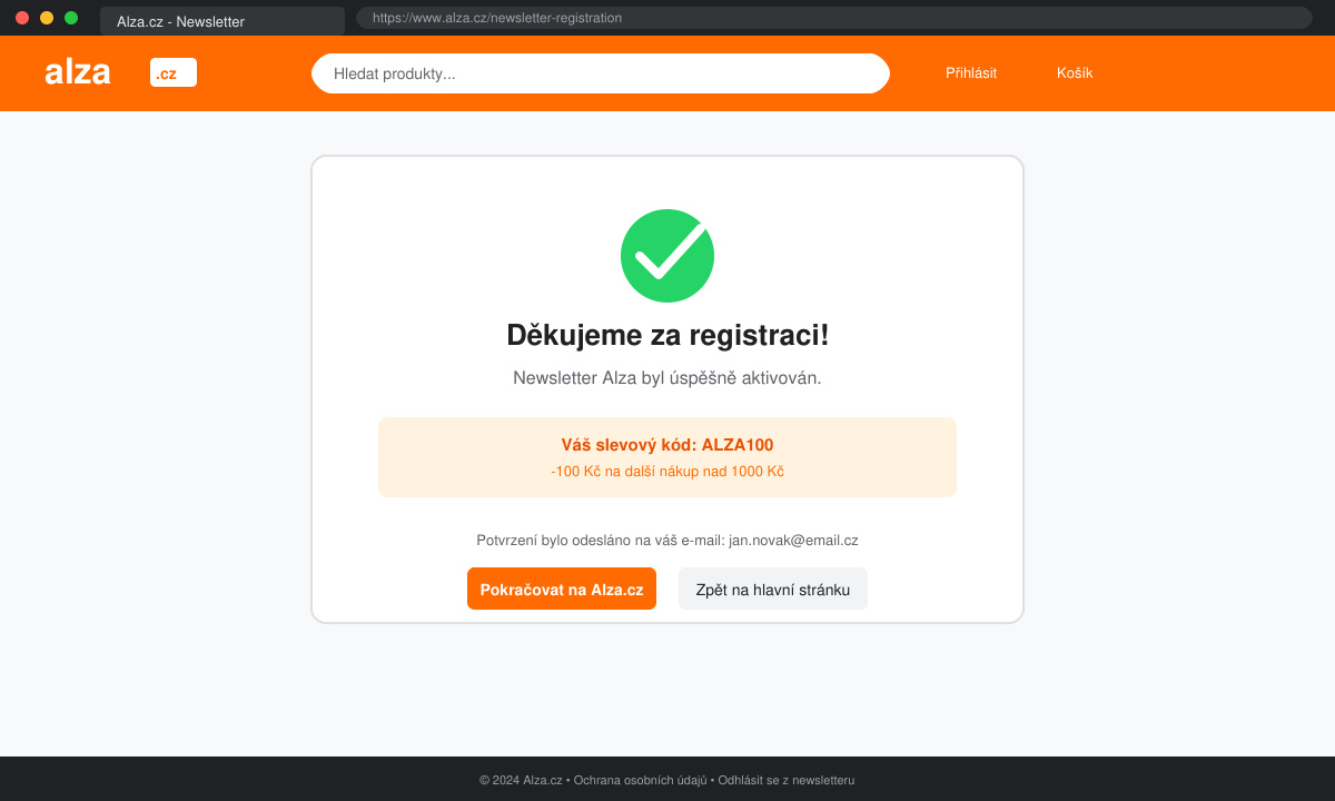 Screenshot of Alza newsletter signup form with confirmation message