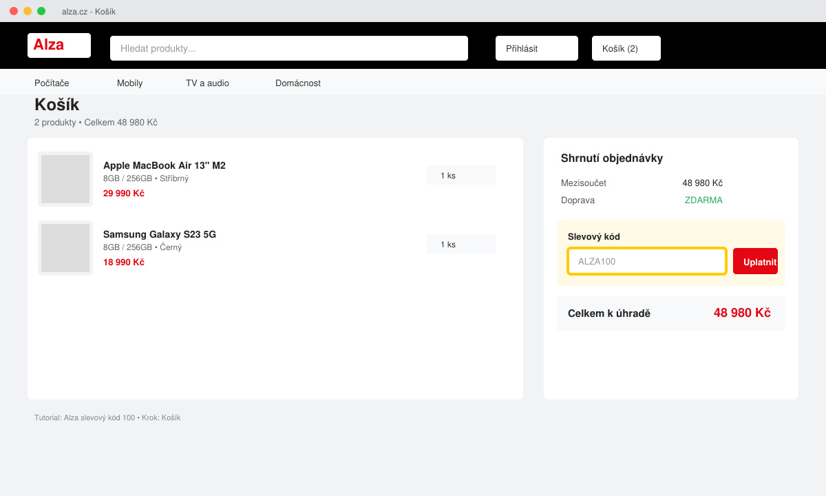 Alza shopping cart page with the discount code field highlighted
