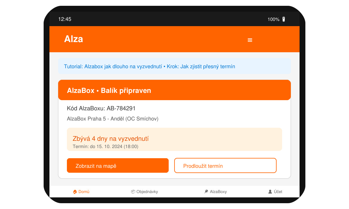 Mobilní aplikace Alza zobrazující detail AlzaBoxu a termín vyzvednutí