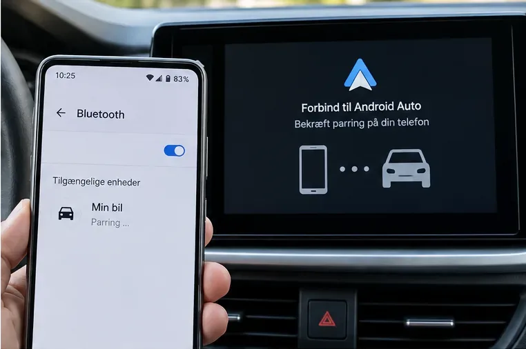 Telefonens Bluetooth-menu ved siden af bilens skærm med en Android Auto-parringsdialog