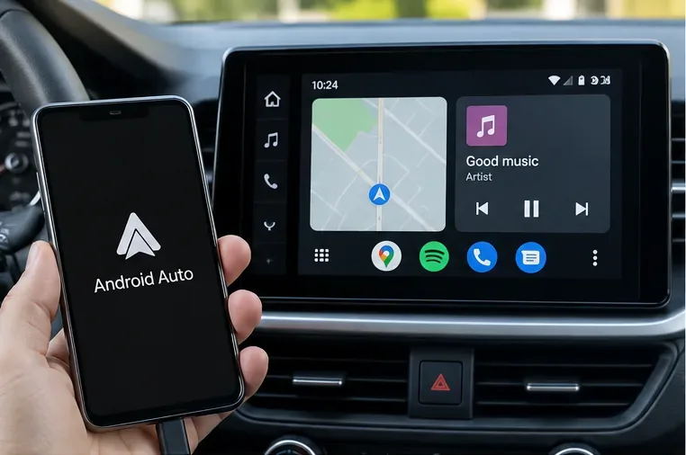 Android-telefon tilsluttet bilen med kabel, mens Android Auto vises på infotainmentskærmen
