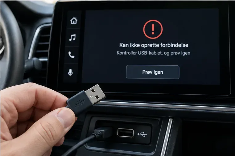 USB-kabel holdt foran en bilskærm med besked om, at Android Auto-forbindelsen ikke kunne oprettes