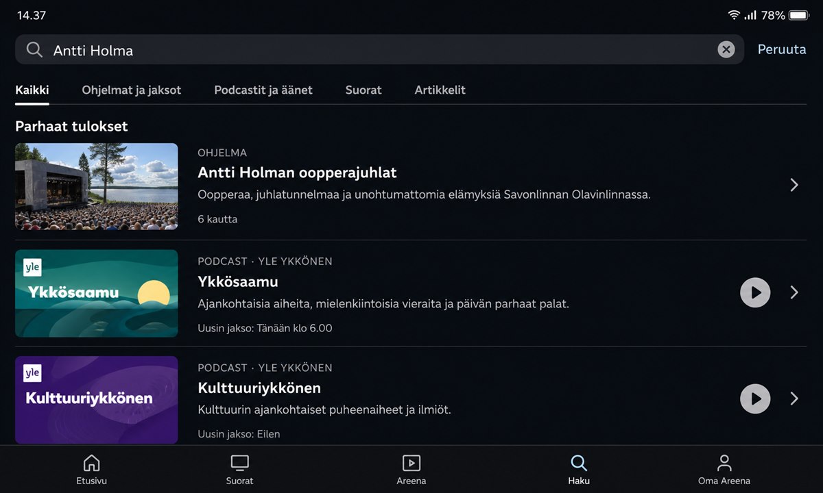 Yle Areena hakutoiminto Antti Holma podcast