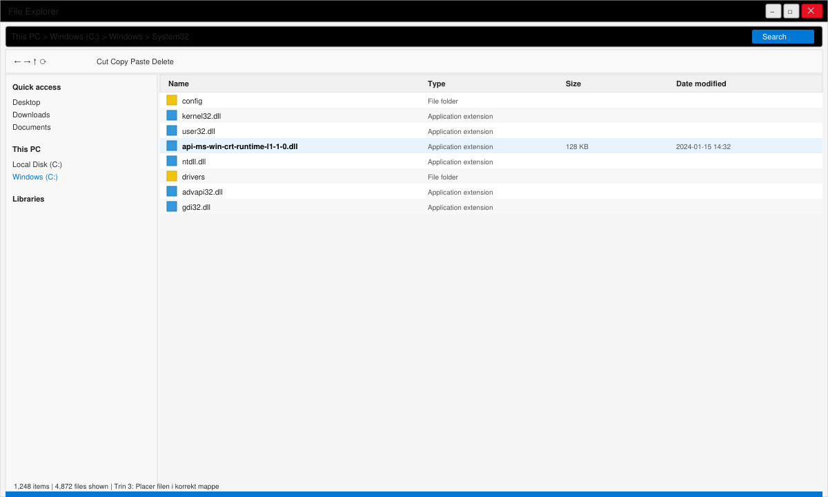 Windows Stifinder der viser System32-mappen med DLL-fil