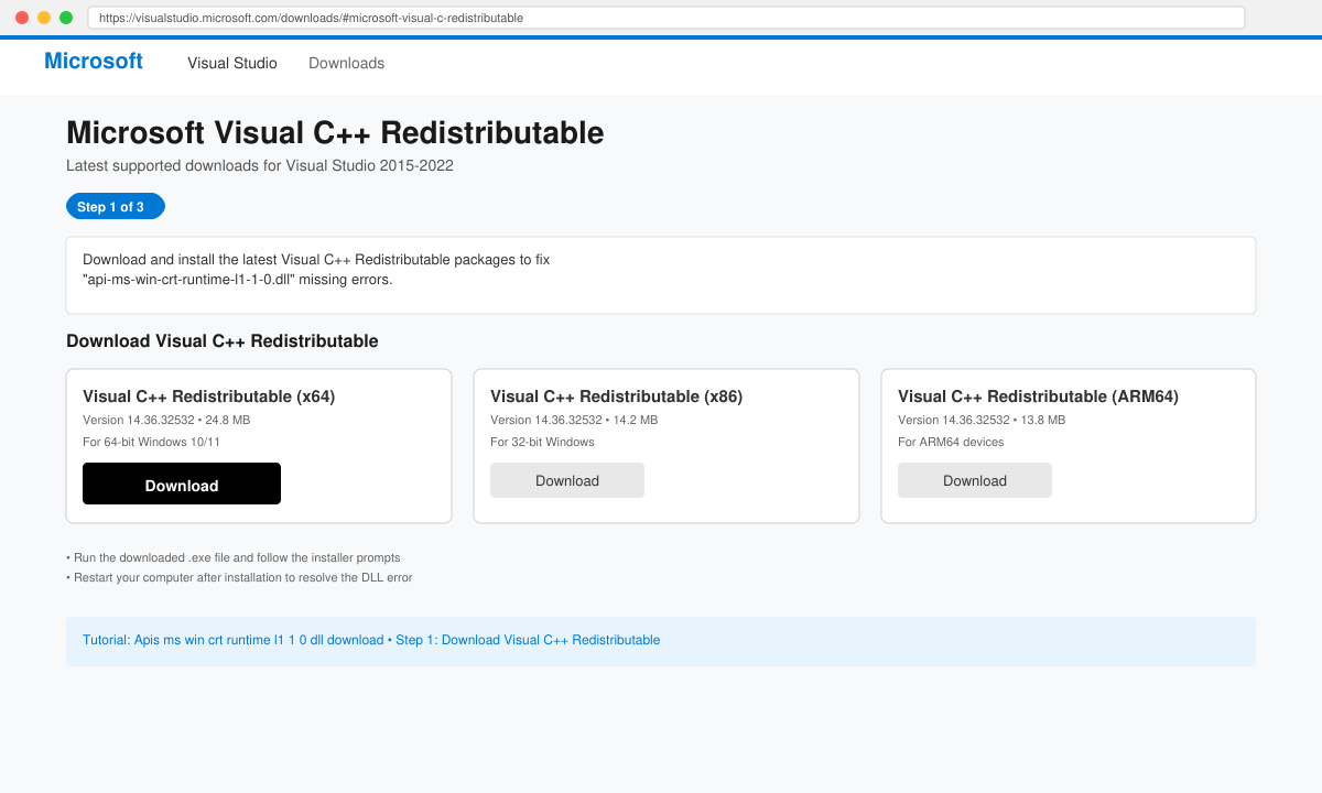 Skærmbillede af Microsoft download-side med knappen til Visual C++ Redistributable
