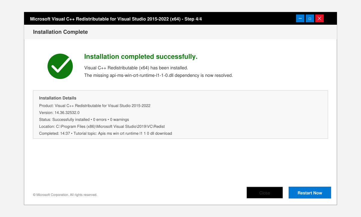 Bekræftelsesskærm efter vellykket installation af Visual C++ Redistributable