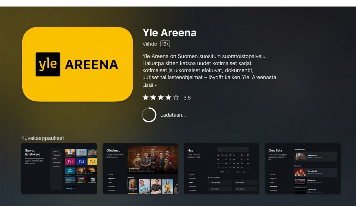 Yle Areena sovelluksen lataus Apple TV App Store
