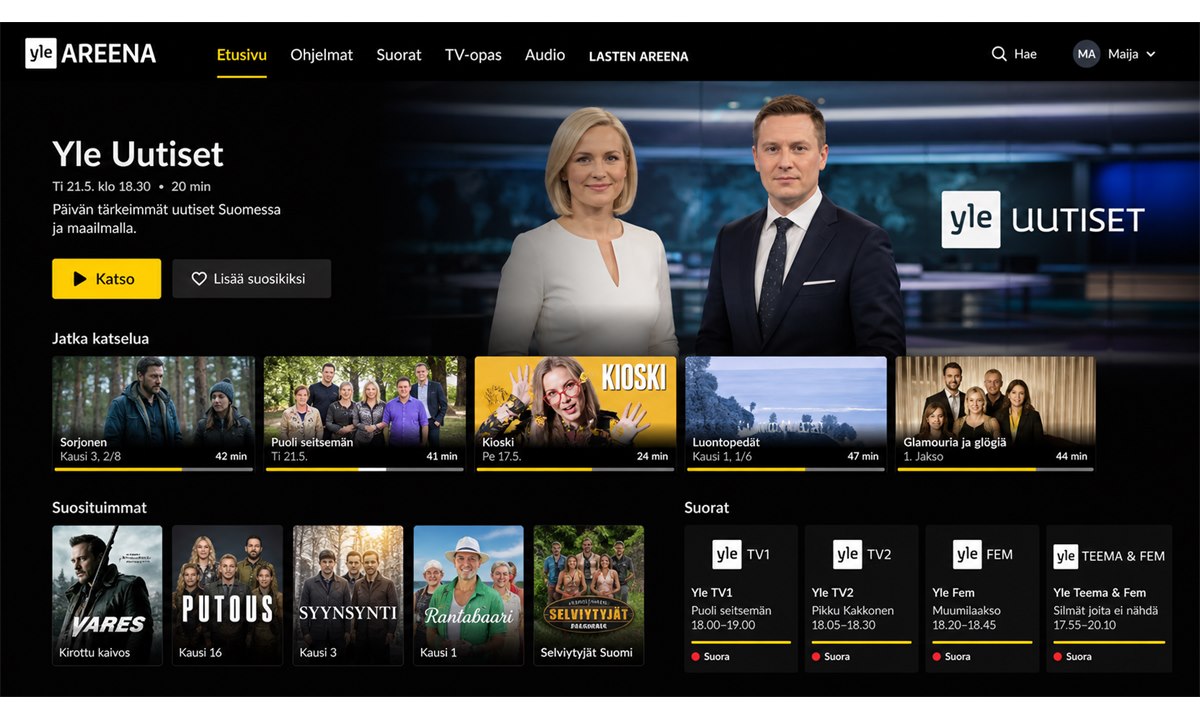 Yle Areena sisällön selaus Apple TV:llä