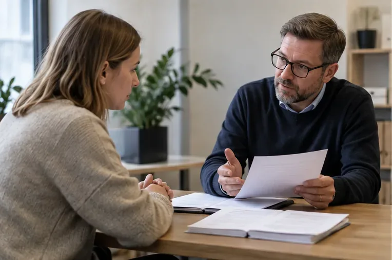 Arbeidstaker går gjennom dokumenter sammen med en rådgiver ved et kontorbord.