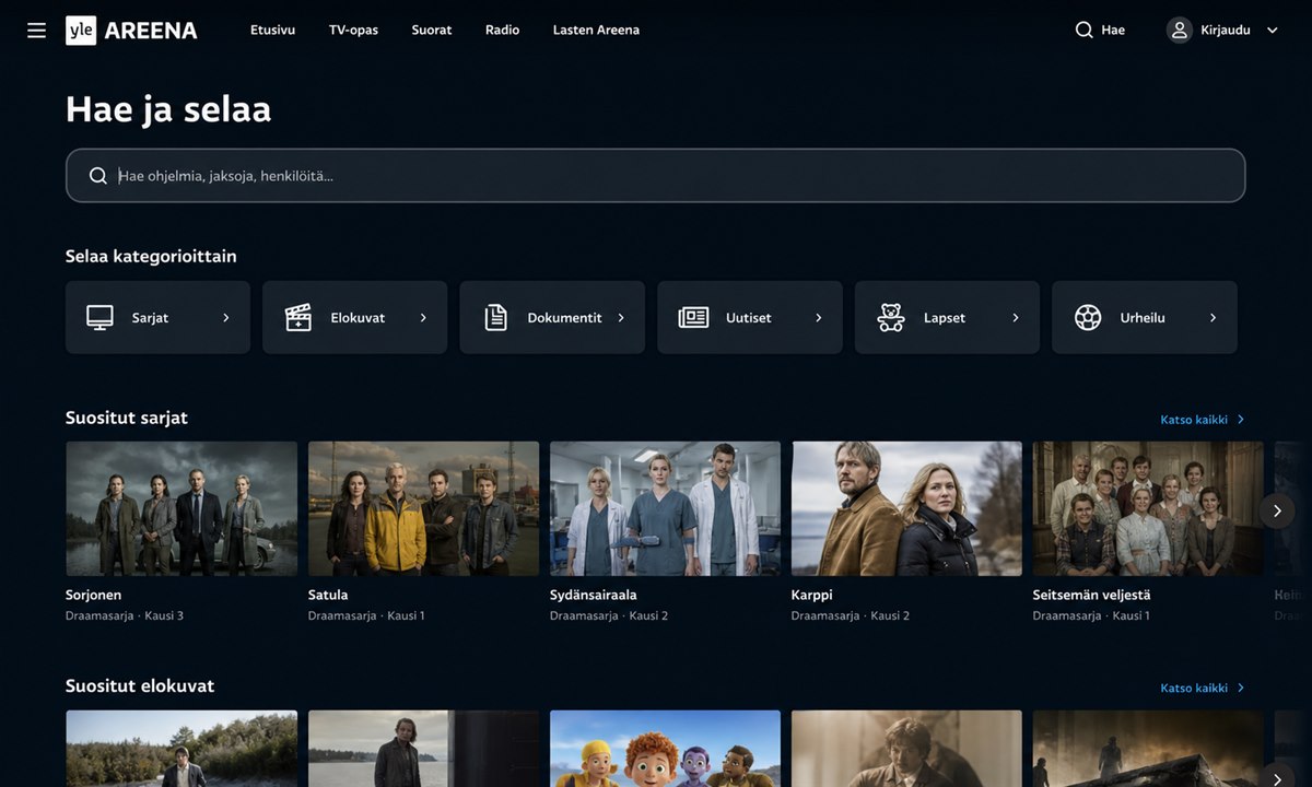Yle Areena ohjelmien haku ja kategoriat