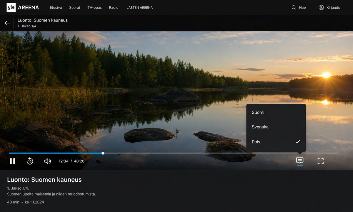Yle Areena videosoitin ja tekstitysasetukset
