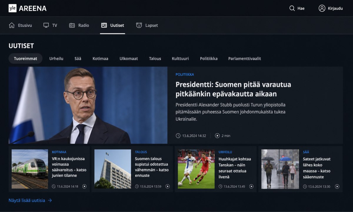 Yle Areena Uutiset-osio navigaatiossa