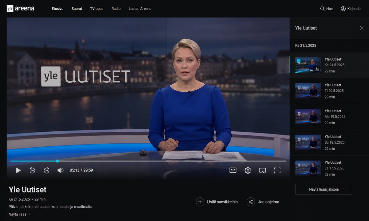 Yle Uutiset jälkilähetys toistuu Yle Areenassa