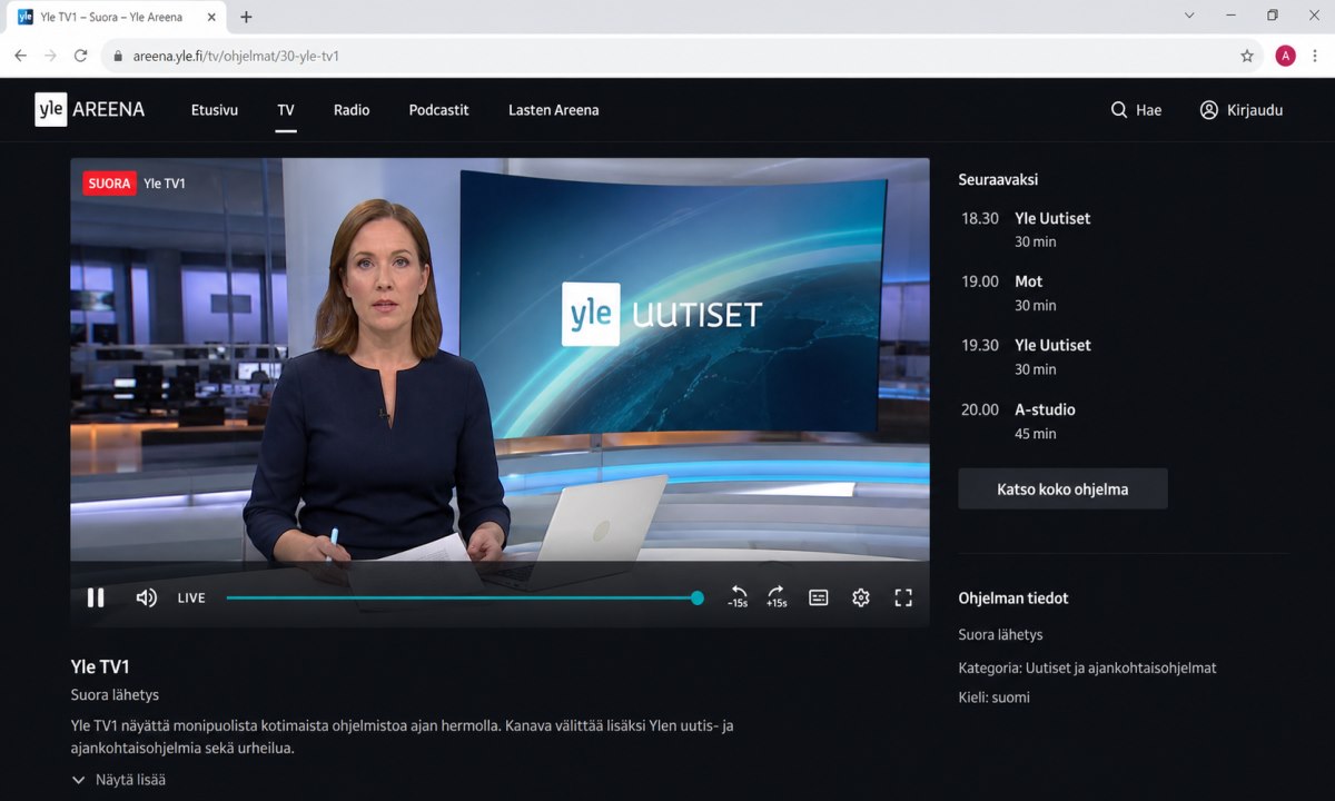 Yle TV1 suora lähetys Yle Areenassa