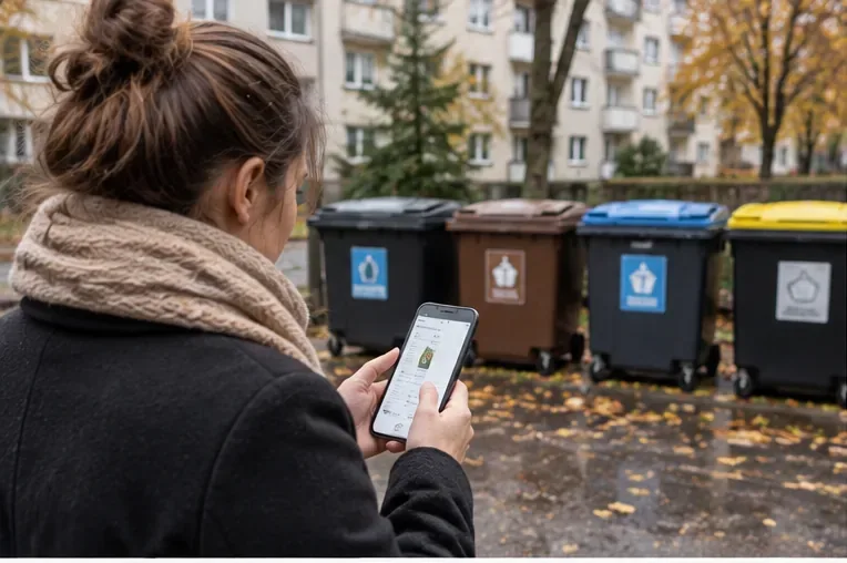 Rīgas iedzīvotāja rudenī pārbauda informāciju telefonā pie daudzdzīvokļu mājas atkritumu konteineriem