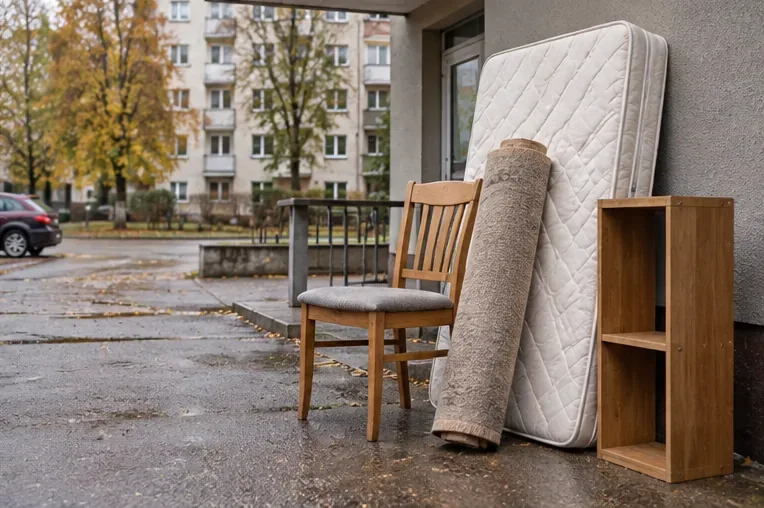 Matracis, krēsls, sarullēts paklājs un neliels skapītis pie daudzdzīvokļu mājas ieejas