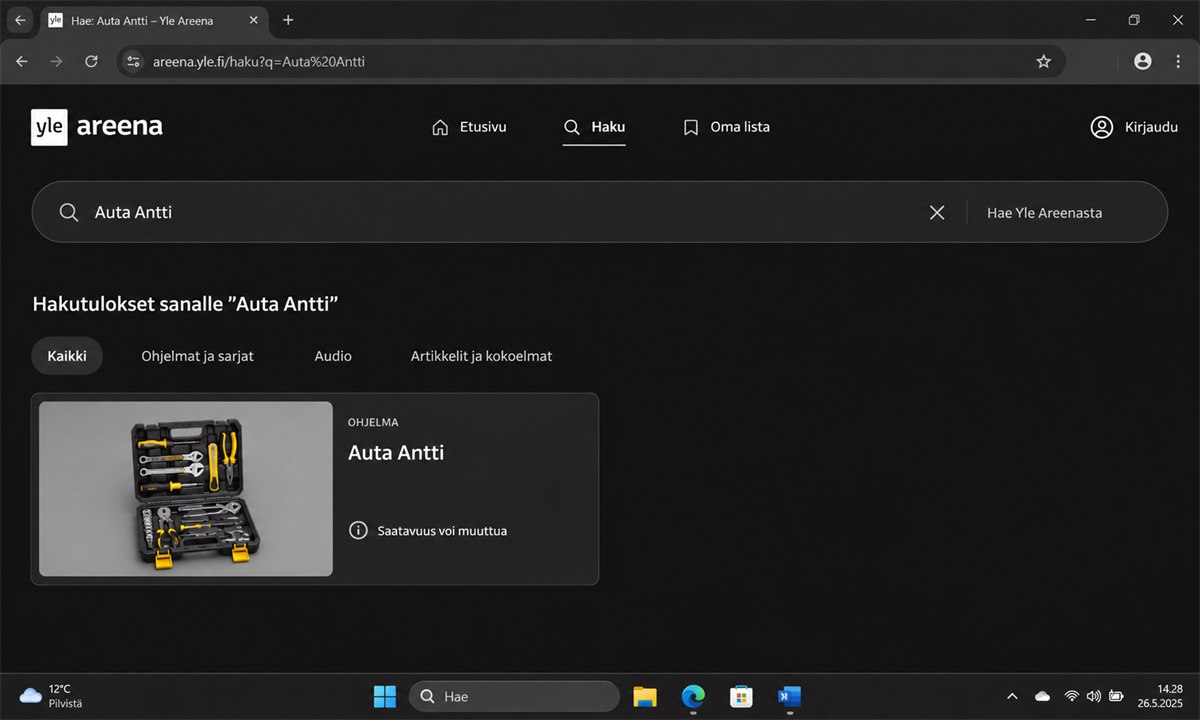 Auta Antti haku Yle Areenassa