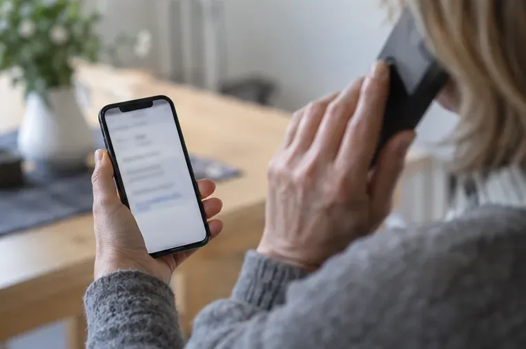 En person holder en mobiltelefon med sladdet melding og kontakter banken på telefonen