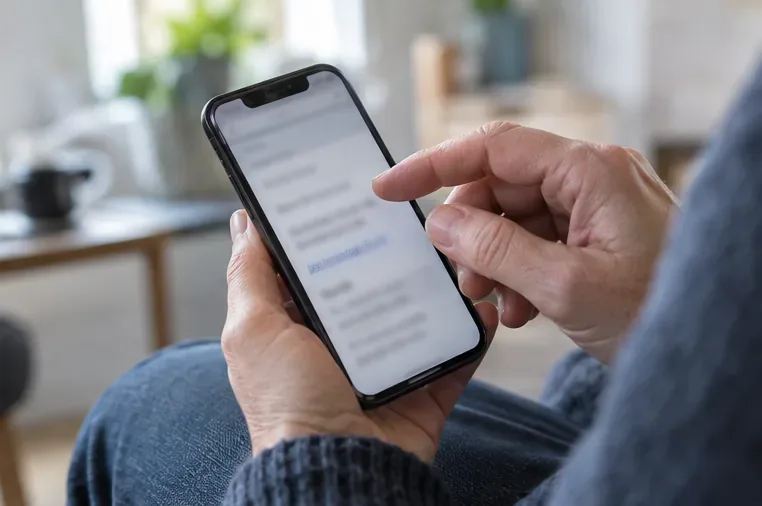 En person holder en mobiltelefon og undersøker en sladdet nettadresse uten å trykke på den