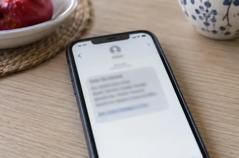 En mobiltelefon viser en sladdet SMS som ber mottakeren om å betale en bompengeregning