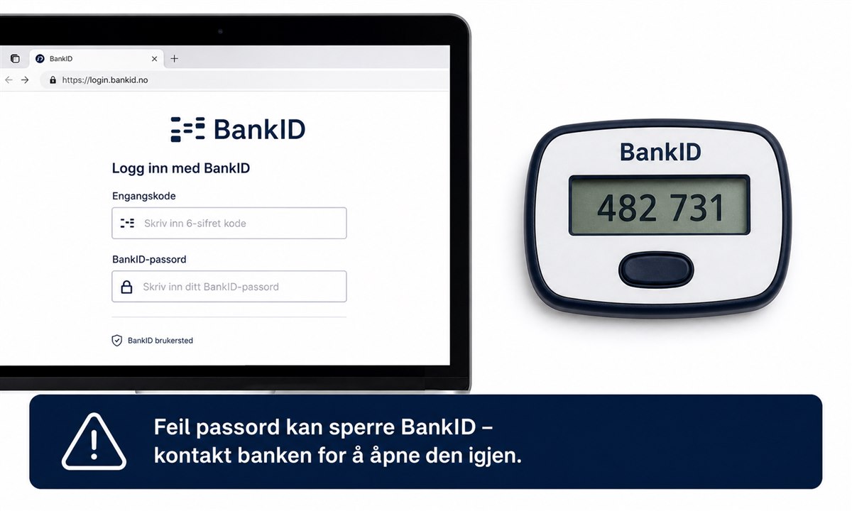 BankID brikke som viser låst status og PIN-inntasting