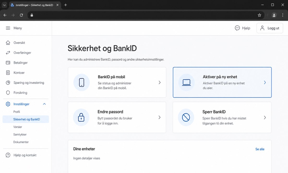 Nettbankmeny med innstillinger for BankID-aktivering