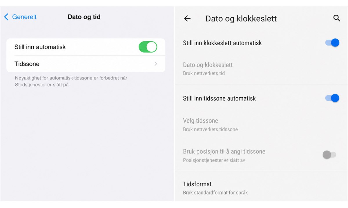 Stille inn dato og tid automatisk på mobil