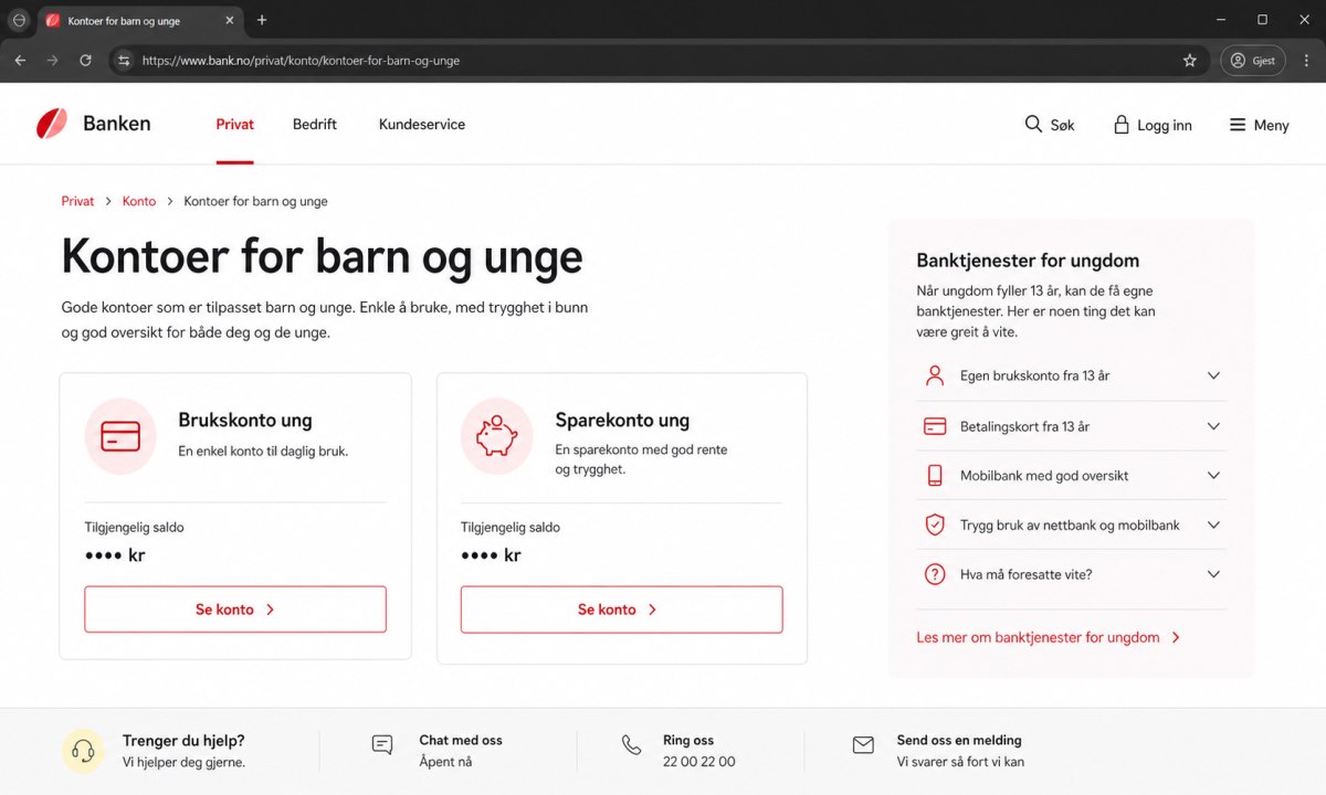 SpareBank 1 nettside med oversikt over kontoer for unge