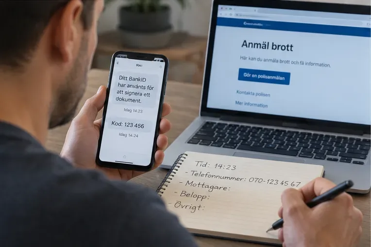 En person dokumenterar tid, telefonnummer och belopp inför en polisanmälan om BankID-bedrägeri.
