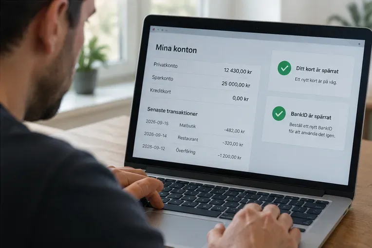 En person kontrollerar konton och bekräftelser efter att bankkort och BankID har spärrats.