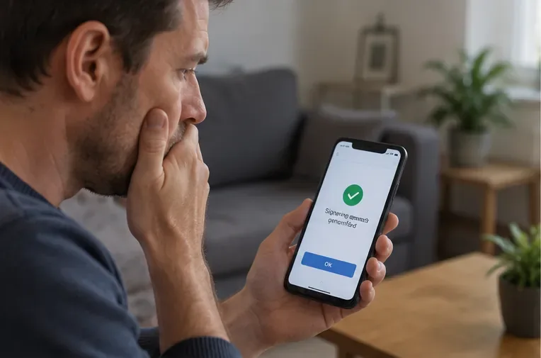 En person tittar oroligt på en mobil efter en oväntad BankID-signering.