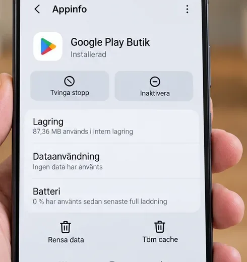 Androids appinformation för Google Play Butik med Tvinga stopp, Rensa data och Töm cache