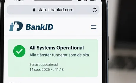 Mobiltelefon som visar webbadressen status.bankid.com och meddelandet All Systems Operational